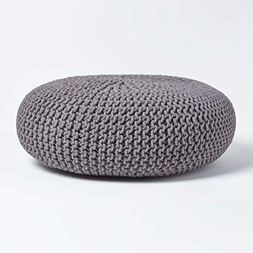 Homescapes Pouf Strickpouf rundes Bodenkissen, Sitzpouf 70 x 23 cm, gepolsterter Sitzhocker, Sitzpuff/Puff mit grob gestricktem Bezug aus 100% Baumwolle, Strickpuff, grau von Homescapes