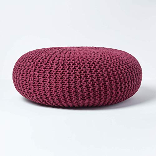 Homescapes Pouf Strickpouf rundes Bodenkissen, Sitzpouf 70 x 23 cm, gepolsterter Sitzhocker, Sitzpuff/Puff mit grob gestricktem Bezug aus 100% Baumwolle, Strickpuff, lila/Pflaume von Homescapes