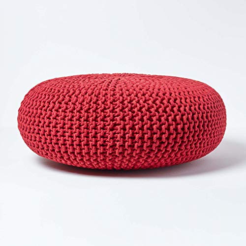 Homescapes Pouf Strickpouf rundes Bodenkissen, Sitzpouf 70 x 23 cm, gepolsterter Sitzhocker, Sitzpuff/Puff mit grob gestricktem Bezug aus 100% Baumwolle, Strickpuff, rot von Homescapes