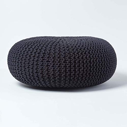 Homescapes Pouf Strickpouf rundes Bodenkissen, Sitzpouf 70 x 23 cm, gepolsterter Sitzhocker, Sitzpuff/Puff mit grob gestricktem Bezug aus 100% Baumwolle, Strickpuff, schwarz von Homescapes