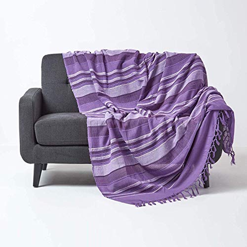 Homescapes extra große Tagesdecke Morocco, lila, Sofa-Überwurf aus 100% Baumwolle, weiche Wohndecke 255 x 360 cm, violett gestreift, mit Fransen von Homescapes