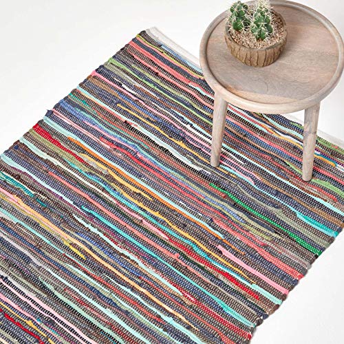 Homescapes runder Chindi-Teppich/Bettvorleger, handgewebt aus 100% recycelter Baumwolle, 90 x 150 cm, Flickenteppich mit bunten Streifen von Homescapes