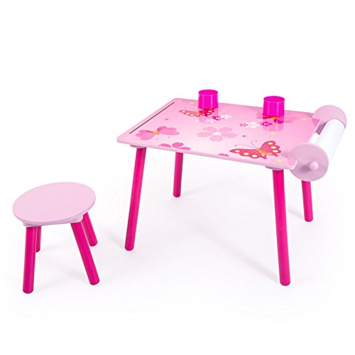 Homestyle4u 1125 Kindersitzgruppe Schmetterling Blumen , Kindermöbel Set aus 1 Kindertisch 1 Hocker , Holz Rosa Pink von Homestyle4u
