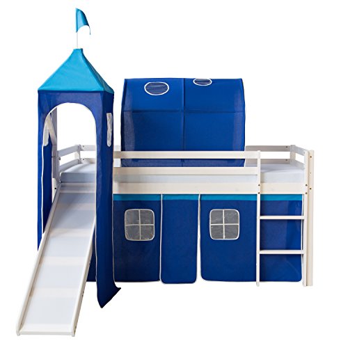 Homestyle4u 1576, Kinderbett 90x200 Weiß Blau Hochbett mit Rutsche Treppe Turm Tunnel Vorhang Bettgestell Holz Kiefer von Homestyle4u