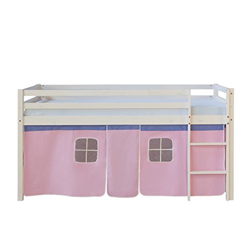 Homestyle4u 1535, Kinderbett 90x200 Weiß Hochbett mit Treppe Vorhang Rosa Bettgestell Holz Kiefer Kinderzimmer von Homestyle4u