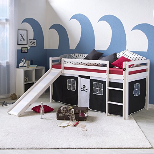 Homestyle4u 1542, Kinderbett Hochbett 90x200 mit Treppe Rutsche Vorhang Pirat Weiß Schwarz Bettgestell Massivholz Kiefer von Homestyle4u