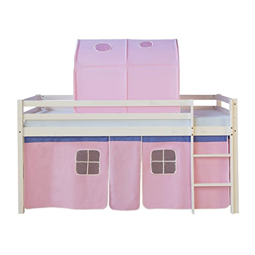 Homestyle4u 1559, Kinderbett 90x200 Weiß Hochbett mit Treppe Tunnel Vorhang Rosa Bettgestell Massivholz Kiefer von Homestyle4u