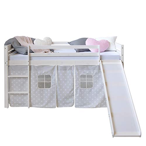 Homestyle4u 1884, Hochbett mit Rutsche Treppe Weiß Grau Kinderbett 90x200 Vorhang Sterne Bettgestell Holz Kiefer von Homestyle4u