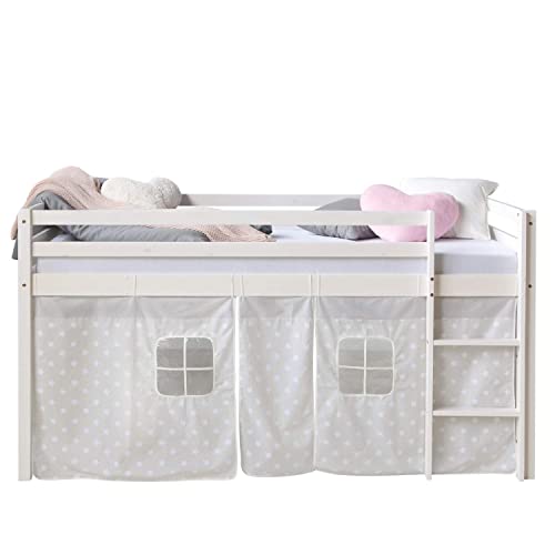 Homestyle4u 1888, Kinderbett 90x200 Weiß Hochbett mit Treppe Vorhang Sterne Bettgestell Holz Kiefer Kinderzimmer von Homestyle4u