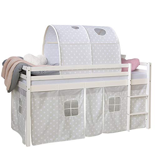 Homestyle4u 1889, Kinderbett 90x200 Weiß Grau Hochbett mit Treppe Vorhang Sterne Tunnel Bettgestell Holz Kiefer von Homestyle4u