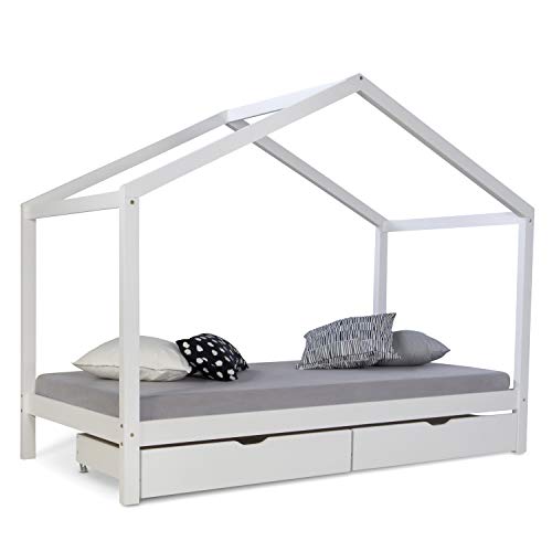 Homestyle4u 2075, Kinderbett 90x200 cm mit Matratze Lattenrost Bettkasten Hausbett Kinder Weiß Holz Haus von Homestyle4u