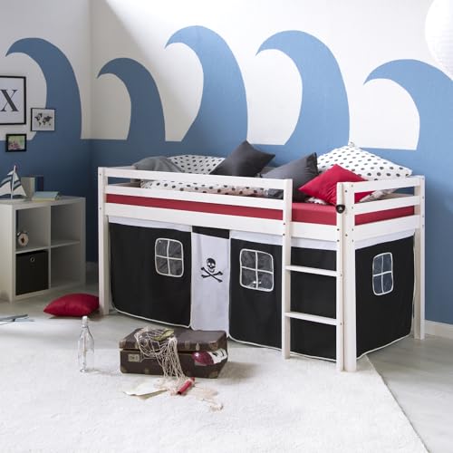 Homestyle4u 2544, tolles Kinderhochbett Pirat weiß schwarz 90 x 200 cm Holz Kinderbett mit Leiter Matratze Lattenrost von Homestyle4u
