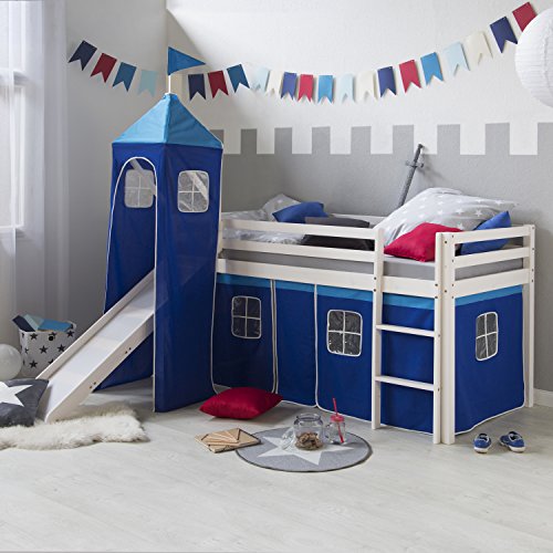 Homestyle4u 521, Kinderbett Hochbett 90x200 Weiß mit Rutsche Treppe Turm Vorhang Blau Bettgestell Holz Kiefer von Homestyle4u