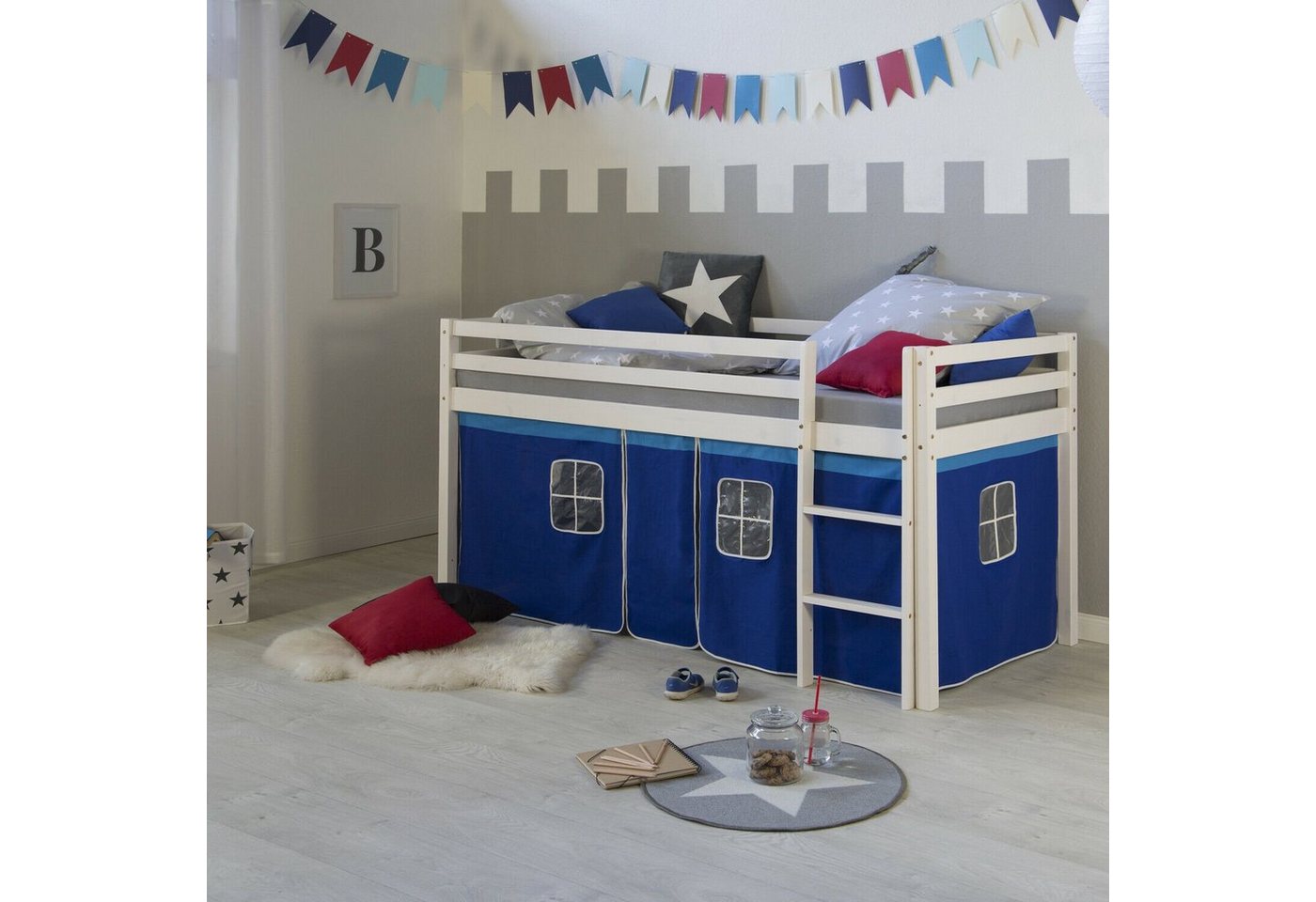 Homestyle4u Hochbett 90x200 cm Stockbett Kinderbett Holz Kiefer Spielbett mit Vorhang mit Vorhang von Homestyle4u