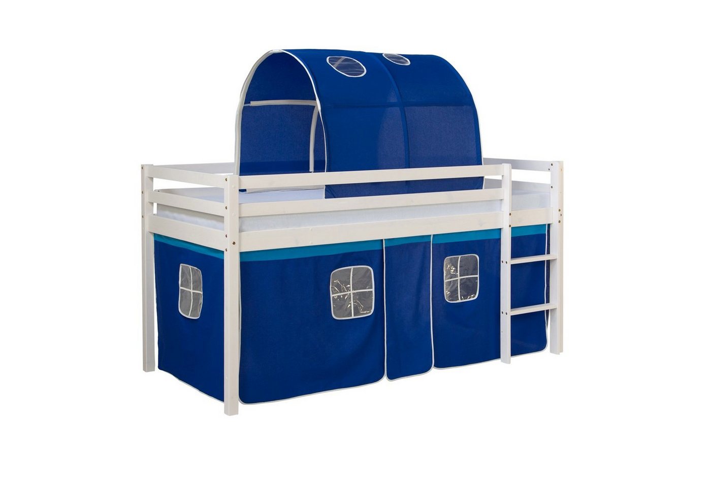 Homestyle4u Hochbett 90x200 cm Stockbett Kinderbett Holz Kiefer Spielbett mit Vorhang mit Tunnel von Homestyle4u