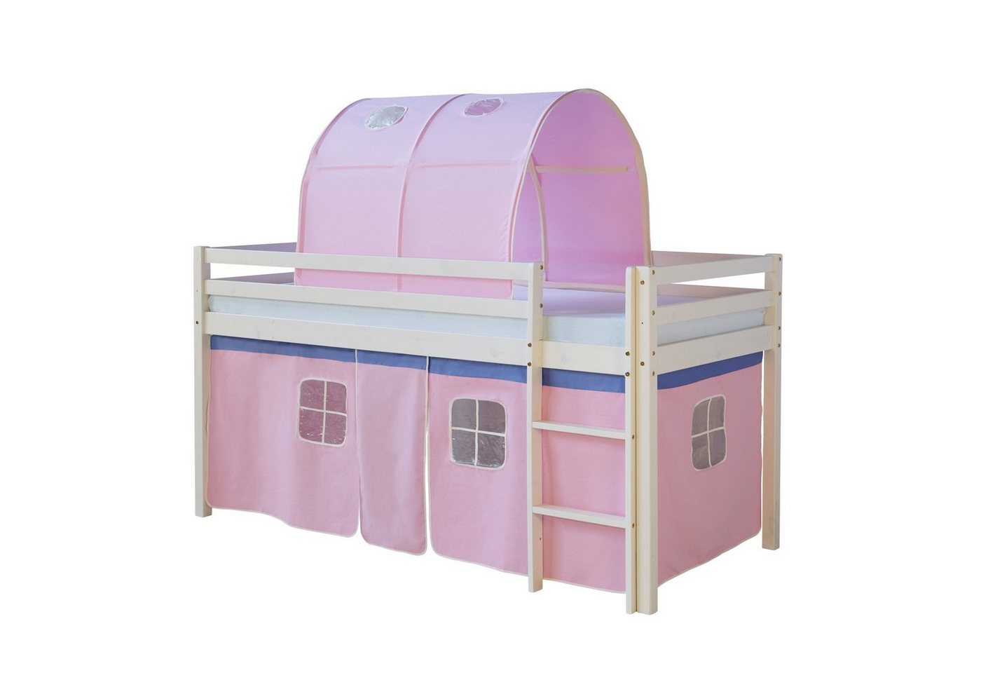 Homestyle4u Hochbett Kinderbett mit Leiter und Vorhang Weiß Rosa Holz Kiefer mit Tunnel von Homestyle4u