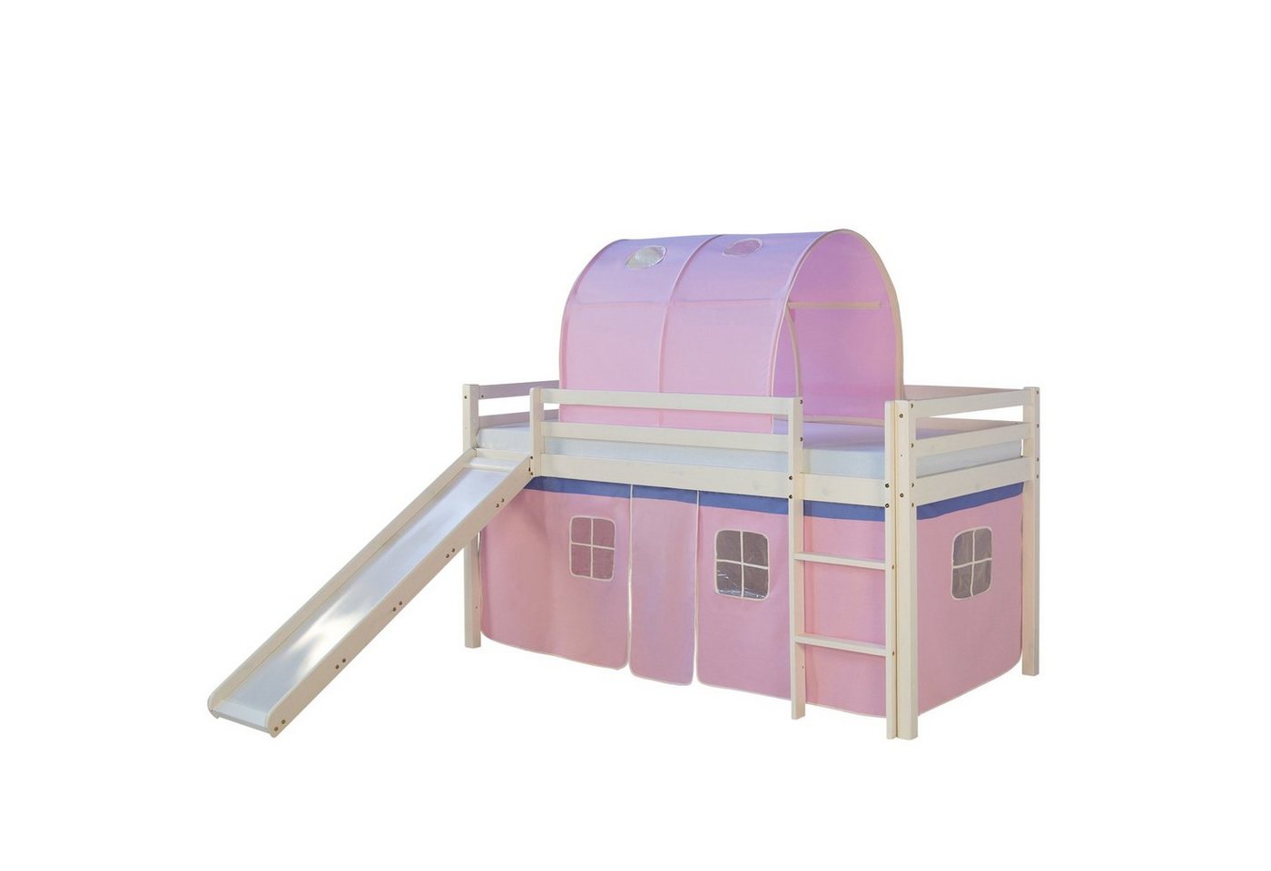 Homestyle4u Hochbett Kinderbett mit Leiter und Vorhang Weiß Rosa Holz Kiefer mit Rutsche und Tunnel von Homestyle4u