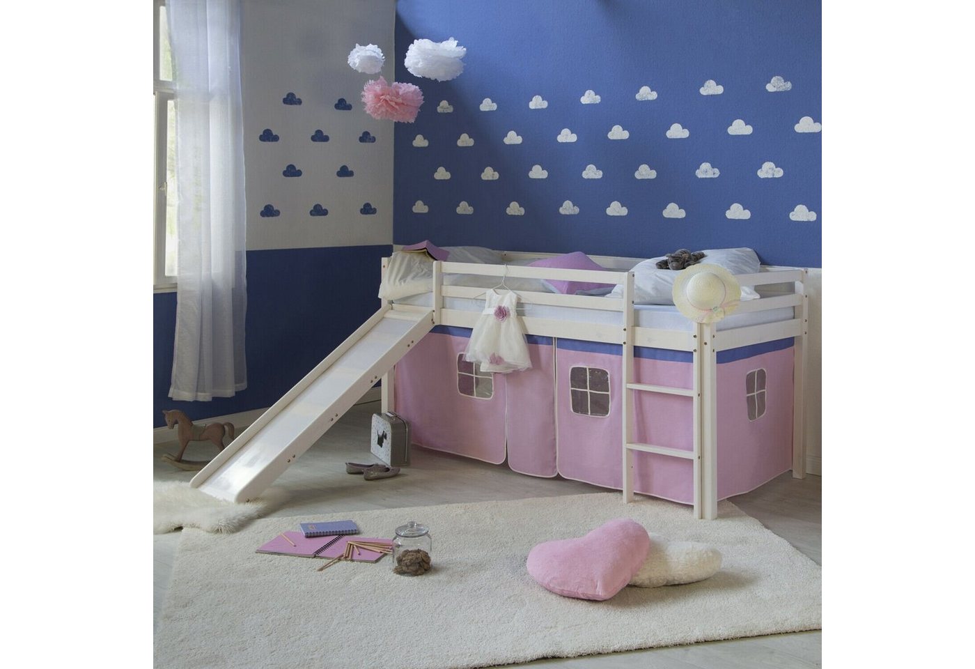 Homestyle4u Hochbett Kinderbett mit Leiter und Vorhang Weiß Rosa Holz Kiefer mit Rutsche von Homestyle4u