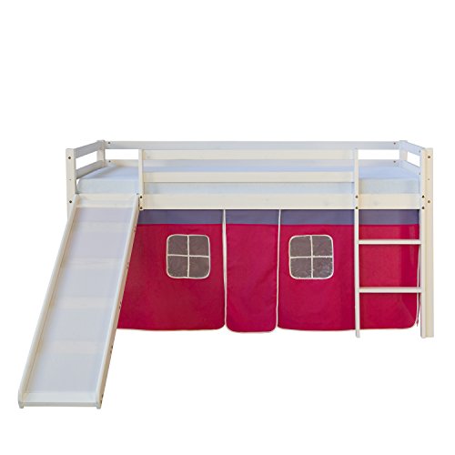 Homestyle4u 540, Kinderbett 90x200 cm Weiß Kinder Hochbett mit Rutsche Vorhang Pink Bettgestell Holz Kiefer Kinderzimmer von Homestyle4u