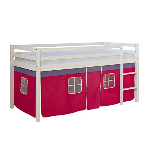 Homestyle4u 538, Kinderbett 90x200 Weiß Hochbett mit Treppe Vorhang Pink Bettgestell Massivholz Kiefer Kinderzimmer von Homestyle4u