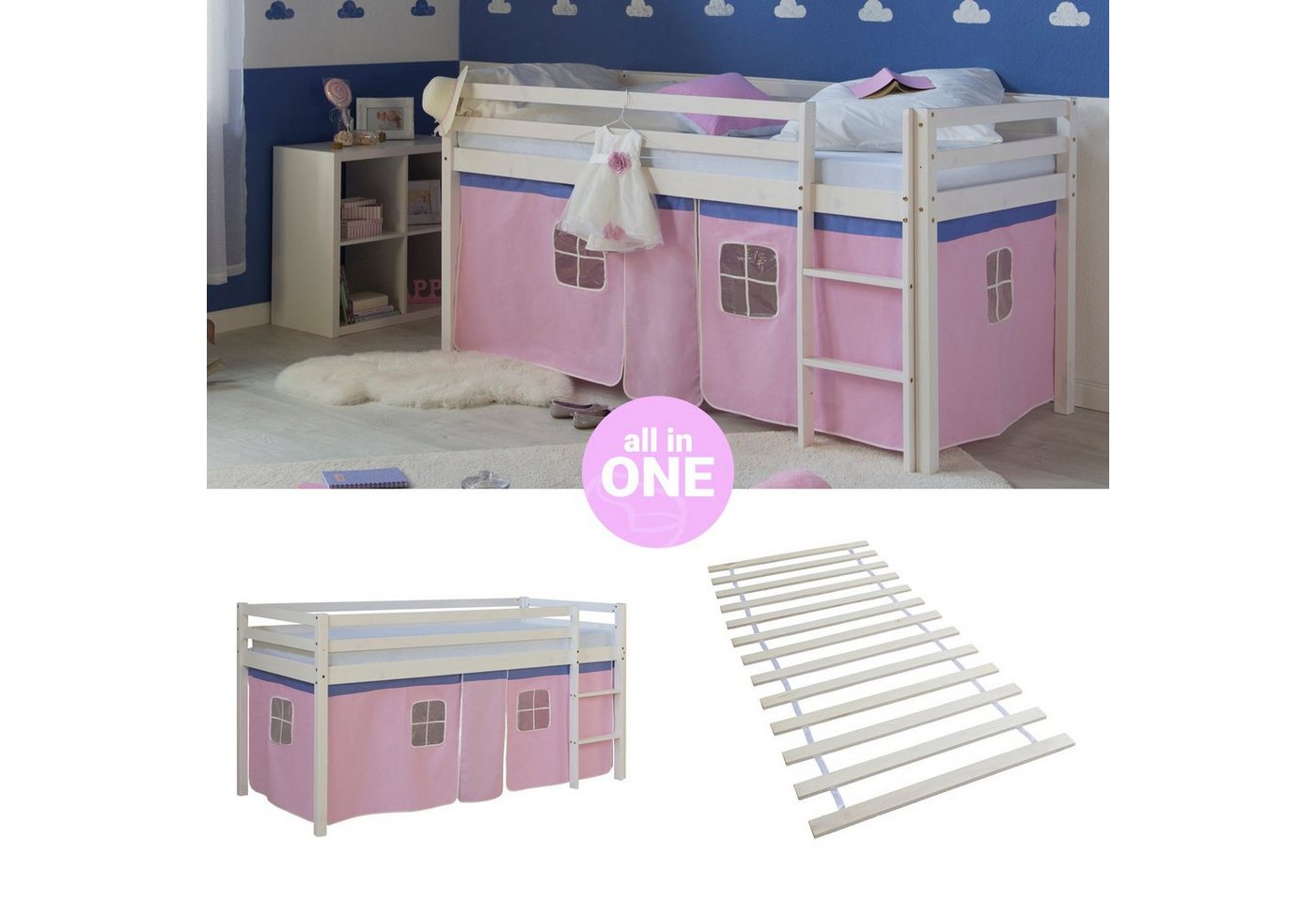 Homestyle4u Hochbett Kinderbett mit Leiter und Vorhang Weiß Rosa Holz Kiefer mit Lattenrost von Homestyle4u