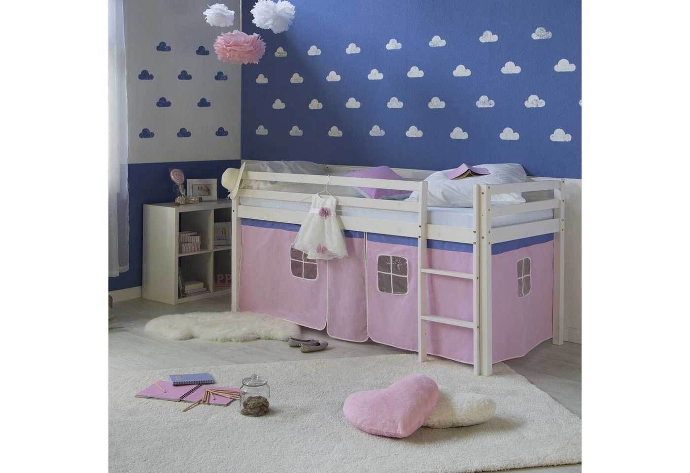 Homestyle4u Hochbett Kinderbett mit Leiter und Vorhang Weiß Rosa Holz Kiefer von Homestyle4u