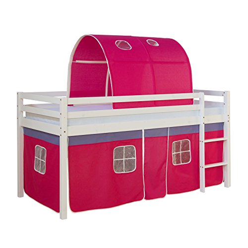 Homestyle4u 1561, Kinderbett 90x200 Weiß Pink Hochbett mit Treppe Tunnel Vorhang Bettgestell Holz Kinderzimmer von Homestyle4u