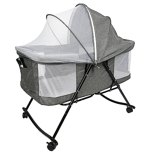 Homewell Beistellbett Baby, 2 in 1 Babybett und Babywiege, Kinderbett mit Rollen, Moskitonetz, Lagerungstasche und Matratze, Multifunktional Kinderbett Faltbares Tragbares (Modell 4 Grau) von Homewell