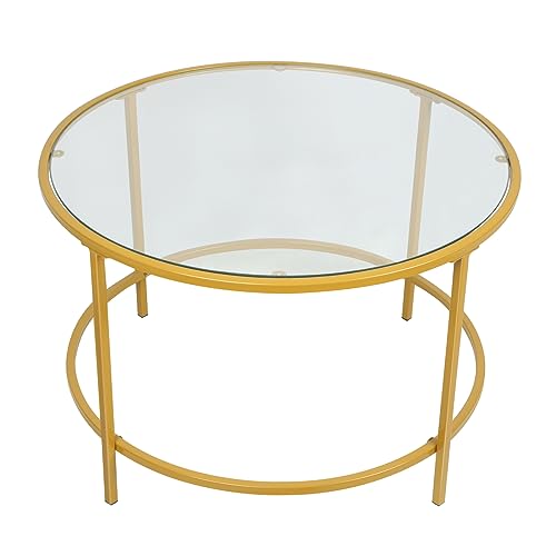 Homewell Couchtisch Wohnzimmermöbel aus Glas, Rahmen aus Stahl, Wohnzimmertisch mit Fußpad, Esstisch Rund, Sofatisch, Kaffeetisch, Beistelltisch (Gold Rahmen mit Glas) von Homewell