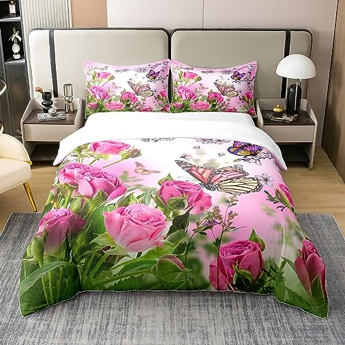 100% Baumwolle Rose Blumen Tröster Abdeckung Schmetterling Garten Bettwäsche Sets Frühling Floral Frische Natur Bettbezug Blühende Rose Pastell Tagesdecken Abdeckung mit 1 Kissenbezug 135x200 Bunt von Homewish