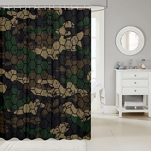 Camouflage Badevorhang Waben Camouflage Duschvorhang für Kinder Armeegrün Bienenstock sechseckig Duschvorhang abstrakte Geometrie Militär Thema Toiletten Badedekoration 180 W x 180 L Braun von Homewish