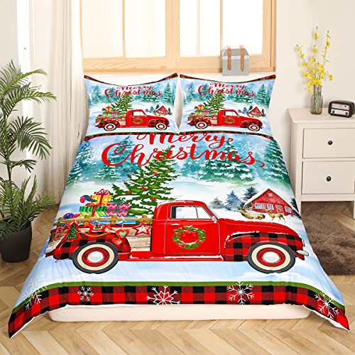 Frohe Weihnachten Bettwäsche 135x200 Rot Büffel Plaid Lkw Bettwäsche Set Weihnachten Baum Bettbezug für Kinder Jungen Mädchen Kiefern Weiße Schneeflocken Bettbezug Winter Thema Ferienhaus Dekor von Homewish