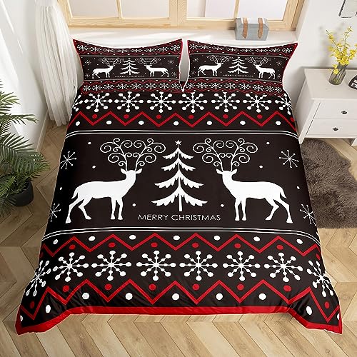 Glückliche Weihnachten Tröster Abdeckung Rentier und Weihnachtsbaum Bettbezug 135x200,Weihnachtsdekor Bettwäsche Set Weihnachten Moderne Kunst Schneeflocke Patchwork Quilt Cover mit 1 Kissenbezug von Homewish