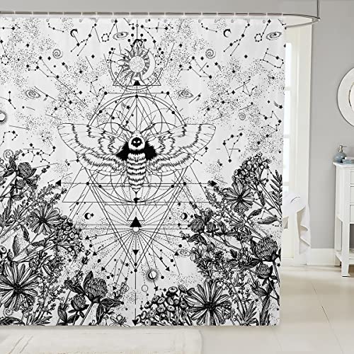 Gotischer Motten Duschvorhang Sonne und Mond Badezimmervorhang Trippy Galaxie Badevorhang Sternenhimmel Duschvorhang Hippie Bohemian Badezimmervorhang Astrologie Badevorhang,180 W x 180 L von Homewish