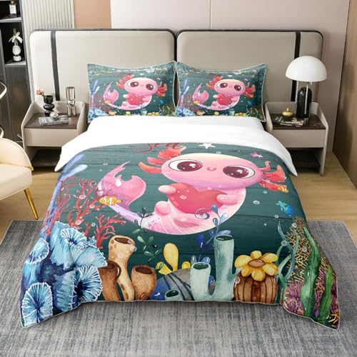 Homewish 100% Baumwolle Nette Axolotl Tröster Abdeckung 135x200 Cartoon Axolotl Bettwäsche Set Welt Oase Bettbezug Natur Unterwasser Bettbezug für Teenager,Kawaii Rosa Schlafzimmer Dekor von Homewish