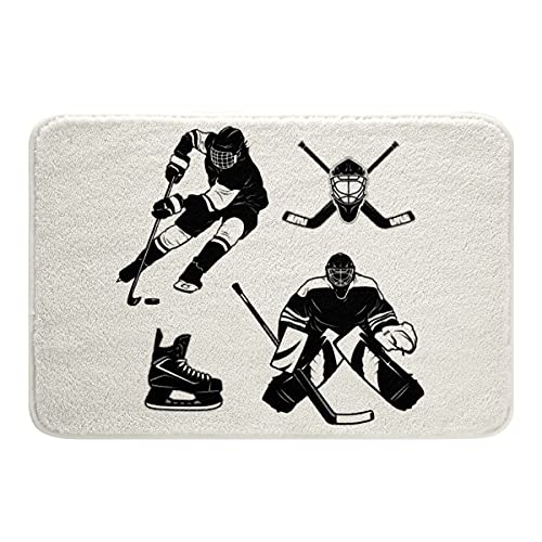 Homewish Eishockey Spieler Badematte Teppiche,Wintersport Spielbereich Teppich,Schwarz Weißer Fußmatten,Wasserabsorbierender Shaggy rutschfest Cartoon Teppich für Kinder Jungen Teens Geschenk 20"X32" von Homewish