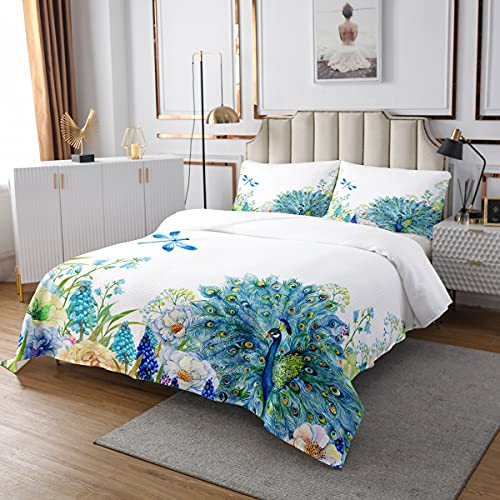 Homewish Pfau Tagesdecke Libelle Gesteppte Schwanzfedern Tagesdecke Set für Kinder Mädchen Frauen Traumtiere Blumen Aquarell Frische Natur Tagesdecke Quilt Set mit 1 Kissenbezug 240x260 von Homewish