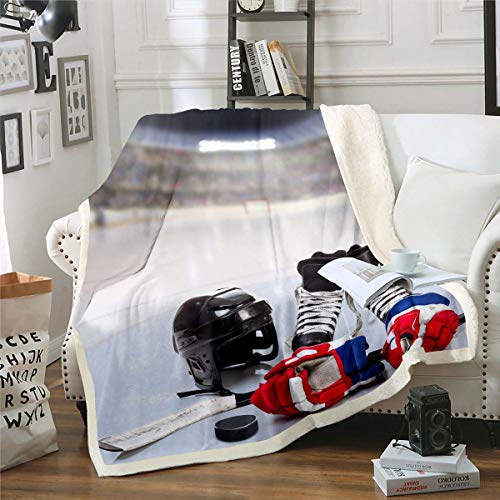 Homewish Teens Eishockey Werfen Decke,Jungen Puck Sherpa Decke 150×200,Sport Spiele Thema Flanell Fuzzy Decke Für Kinder Jugend Erwachsene Männer,Winter Match Grunge Plüsch Bettdecke Für Bett Couch von Homewish