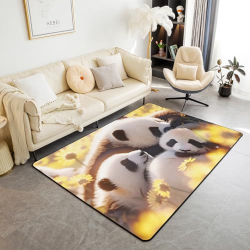 Netter Panda Bereich Teppich 150Bx200L,3D Panda Muster Teppich für Schlafzimmer Wohnzimmer Nachttisch Klassenzimmer,Gelbe Daisy Floral Indoor Bodenmatte für Teens,Natur Tier Thema Dekorative Teppich von Homewish