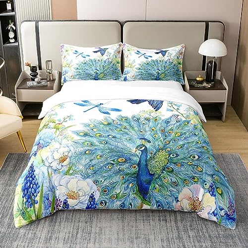 Pfau 100% Baumwolle Bettbezug Set 135x200 Kolibri Libelle Tröster Abdeckung Blume Vögel Muster Bettwäsche Sets für Mädchen Frauen Navy Blau Floral Tiere Frische Natur Quilt Cover mit 1 Kissenbezug von Homewish