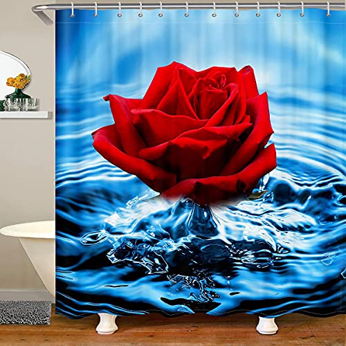 Rose Duschvorhang Romantische Blumenblüte Rote Rose Reflexion auf Wasser Bad Vorhang, Stoff Bad Vorhang mit 12 Haken, blau und rot Bad Vorhang, maschinenwaschbar, 180x180 von Homewish