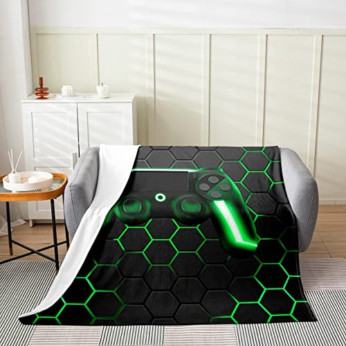 Spiel-Fleecedecke für Jungen Spielen-Flanelldecke für Kinder Gamer-Überwurfdecke für Schlafsofa Couch Dekoration grüne Neonlichter Gamepad Geometrie Waben-Sechseck Plüschdecke ganzjährig, 150 x 200 von Homewish