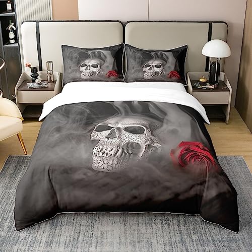 Sugar Skull Erwachsener 100% Baumwolle Bettbezug für Liebhaber Sweetheart,155x220,Rosen Super Tröster Bezug,Halloween Bettwäsche Set,Männer Rauchnebel Horror Gothic Natur Quilt Cover Grau Schwarz von Homewish