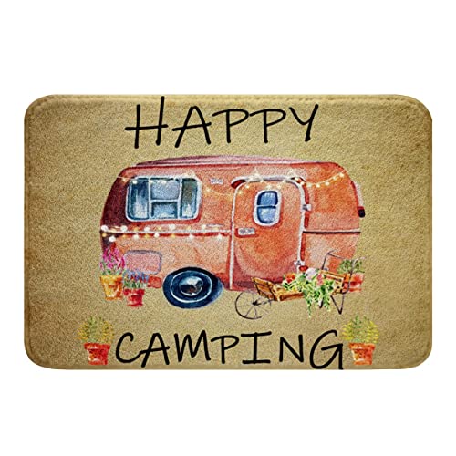 Wasserfarbene Camper Badematte rutschfest 40 x 60 cm Happy Camping Badezimmerteppich für Wohnmobil niedlicher rustikaler Bauernhaus Badeteppich Retro Reise Camper Fußmatte Plüsch Shaggy Teppich von Homewish