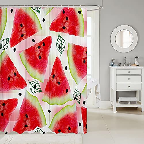 Wassermelonen Duschvorhänge Sommerfrucht Thema Badvorhang Rosa gestreifter Badvorhang Wassermelonenscheibe Schwarz Saat Duschvorhang Wohnkultur Wasserdichter Stoff mit Haken 180x180 (BxL) Rot Grün von Homewish