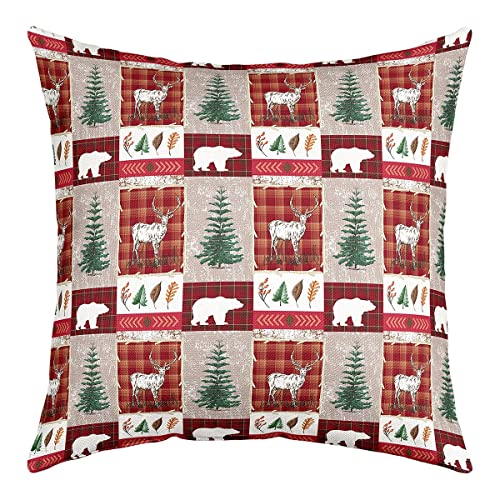 Weihnachten Throw Kissen Abdeckung 55x55cm Set Of 1 Hirsche Kissenbezug Bär-Kissenbezug Lattice Patchwork Dekor Kissenbezug Tannenbaum Bauernhaus Sanft Dekorativ Quadratischer Kissenbezug, Rot Grün von Homewish