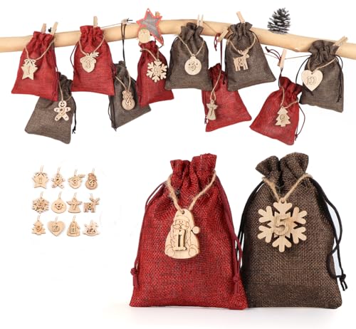 Homewit 24 Filzbeuteln Adventskalender zum selbst Befüllen, Mit 24 Stück Holzschild von Zahl 1-24, Jutesäckchen Weihnachtskalender Weihnachten Geschenktüten DIY Stoffbeutel Braun + Rot von Homewit