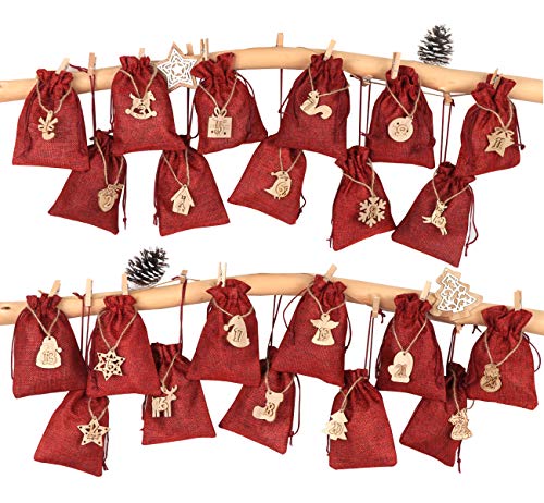Homewit 24 Filzbeuteln Adventskalender zum selbst Befüllen, Mit 24 Stück Holzschild von Zahl 1-24, Jutesäckchen Weihnachtskalender Weihnachten Geschenktüten DIY Stoffbeutel Rot von Homewit