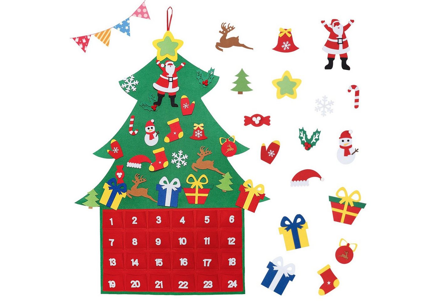 Homewit Adventskalender 25-teilig Filz-Adventskalender (H 120cm * W 93cm Weihnachtsbaum Adventskalender Weihnachten Adventskalender DIY Wandbehang mit 24 Taschen Filz Adventskalender Geschenk, 1-tlg), für Weihnachtsschmuck Home Wanddekorationen von Homewit