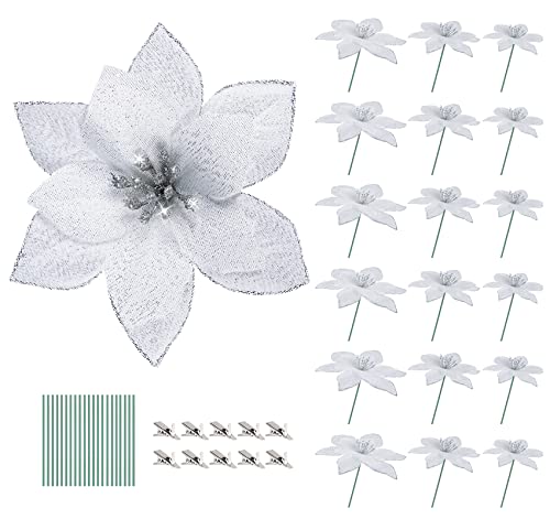 Homewit Glitter Weihnachtsstern Blume, 32 STK Künstliche Weihnachten Blumen in Größen (9cm, 13cm, 15cm) mit Clips und Vorbauten für Weihnachtsbaum Ornamente, Weihnachtsdekoration - Silber Weiss von Homewit